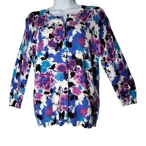 Madison Petite Floral Cardigan Sweater PM Purple Blue Button Front Knit Top‎